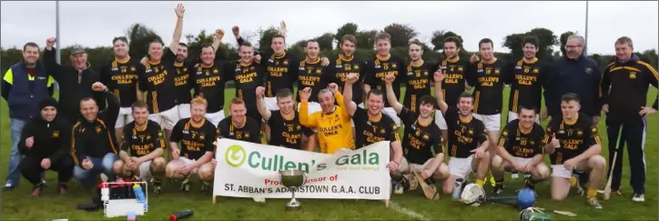  ??  ?? The Adamstown players and mentors celebrate after collecting the New Ross District Junior ‘B’ hurling championsh­ip crown for an impressive sixth year on the trot in Saturday’s replayed final.