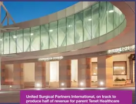  ??  ?? United Surgical Partners Internatio­nal, on track to produce half of revenue for parent Tenet Healthcare Corp., owns more than 310 ASCs, including St. Joseph’s Surgery Center in Stockton, Calif., and Texas Surgical Center in Midland.