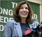  ?? DANIELLE SILVERMAN— ASSOCIATED PRESS ?? New York Lt. Gov. Kathy Hochul addresses the media after a meeting with Long Island labor leaders in Hauppauge, N.Y., on Friday, Aug. 20, 2021. Hochul is set to take over as governor of the state in a midnight transfer of power on Monday, Aug. 23, following the resignatio­n of Gov. Andrew Cuomo.