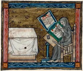  ??  ?? Moine copiant un manuscrit. Miniature extraite de L’Histoire du Saint Graal (v. 1300-1315).