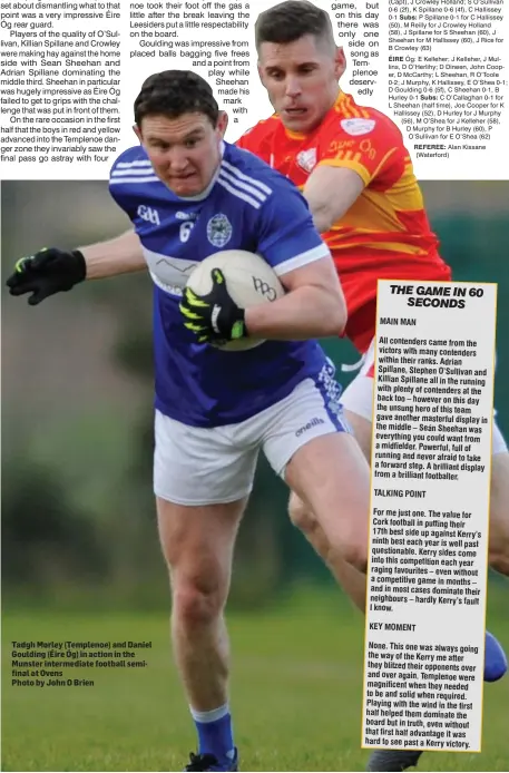  ??  ?? Tadgh Morley (Templenoe) and Daniel Goulding (Éire Óg) in action in the Munster intermedia­te football semifinal at Ovens
Photo by John O Brien