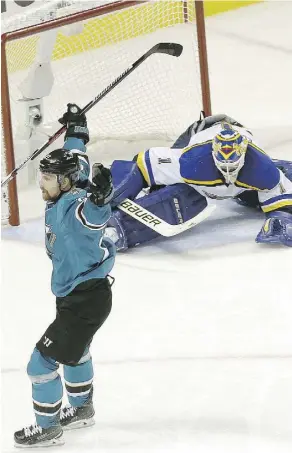  ?? THE ASSOCIATED PRESS ?? San Jose Sharks right winger Joonas Donskoi celebrates after scoring on St. Louis goalie Brian Elliot during the third period of Game 6 of the NHL Stanley Cup Western Conference finals.