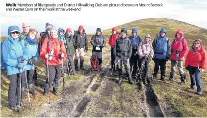  ??  ?? Walk Members of Blairgowri­e and District Hillwalkin­g Club are pictured between Mount Battock and Wester Cairn on their walk at the weekend