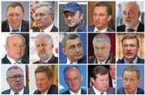  ?? — REUTERS/Files ?? TARGET: A combinatio­n of file photos show prominent Russian businessme­n and officials on a US sanctions list released by the US Treasury Department in Washington, D.C. April 6, 2018. (Top, left to right) Oleg Deripaska, Vladimir Bogdanov, Suleiman...