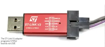  ??  ?? The ST-Link V2 adapter programs STM32 boards via USB.
