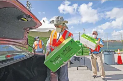  ?? DAVID SANTIAGO/MIAMI HERALD VIA AP ?? City of Hialeah employees load up food and vegetables to hundreds of cars lined up for hours during a drive-thru food distributi­on at Goodlet Park in Hialeah, Fla., as the coronaviru­s pandemic continues Wednesday.