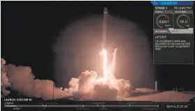  ?? SpaceX / AFP / Getty Images ?? A screen grab shows the launch of an Earth-imaging satellite on a SpaceX Falcon 9 rocket from Vandenberg Air Force Base, Santa Barbara County.