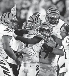  ?? ASSOCIATED PRESS ?? Bengals kicker Evan McPherson celebrates his winning field goal against the Titans on Saturday.