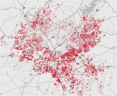  ?? ?? MORE THAN 65,000 HOMES CONVERTED TO RENTALS SINCE GREAT RECESSION
In the wake of the Great Recession, Wall Street has scooped up thousands of single-family homes across metro Atlanta. And companies plan to keep buying. This map shows corporate ownership of single-family homes as of fall 2022.