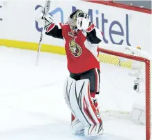  ?? FRED CHARTRAND/THE CANADIAN PRESS ?? Ottawa goalie Craig Anderson celebrates a win over the New York Rangers in Game 1 of the second round playoffs on Thursday.