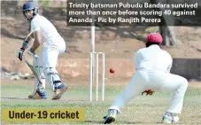  ??  ?? Trinity batsman Pubudu Bandara survived more than once before scoring 40 against Ananda - Pic by Ranjith Perera