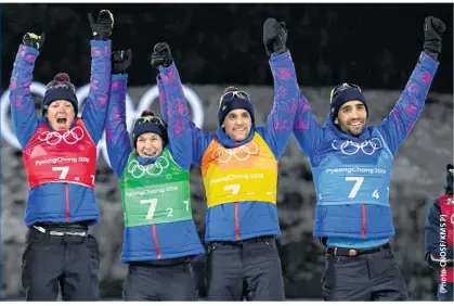  ??  ?? De gauche à droite : Marie Dorin-Habert, Anaïs Bescond, Simon Desthieux et Martin Fourcade.