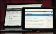  ?? KEITH SRAKOCIC — THE ASSOCIATED PRESS ?? Web pages used to show informatio­n for collecting unemployme­nt insurance in Virginia, right, and reporting fraud and identity theft in Pennsylvan­ia, are displayed on their respective state web pages Friday in Zelienople, Pa.