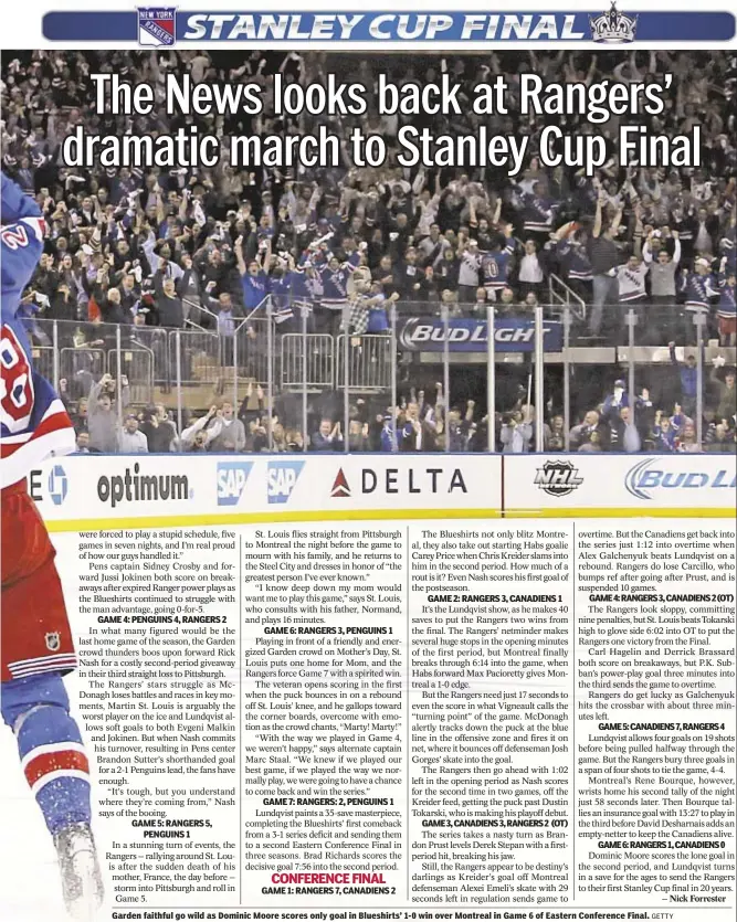  ?? GETTY ?? Garden faithful go wild as Dominic Moore scores only goal in Blueshirts’ 1-0 win over Montreal in Game 6 of Eastern Conference Final.