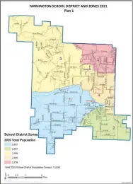  ?? MAP COURTESY NWA REGIONAL PLANNING COMMISSION ?? Farmington School Board is looking at two different zoning maps for the May 2022 school board elections.
Board members will be elected by zones, instead of at-large, because the district’s population now has more than 10% minority. For Plan 1, pictured above, current board members are in the following zones: Josh Petree, Zone 1; Travis Warren, Jeff Oxford, Zone 2; Amy Hill, Zone 3; Lori Blew, Zone 4; no one is in Zone 5.