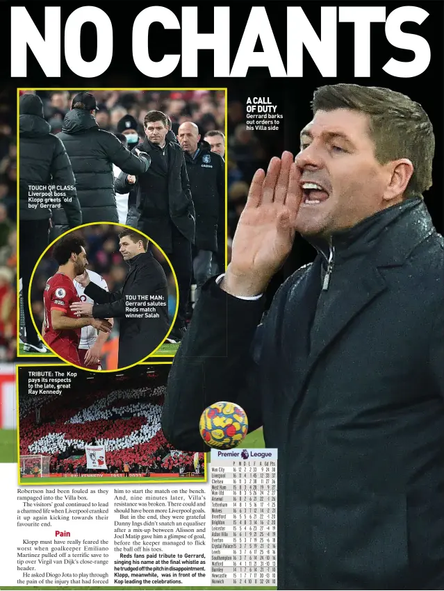  ?? ?? TOUCH OF CLASS: Liverpool boss Klopp greets ‘old boy’ Gerrard
TRIBUTE: The Kop pays its respects to the late, great Ray Kennedy
TOU THE MAN: Gerrard salutes Reds match winner Salah