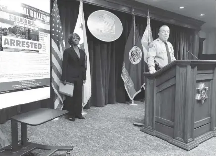  ?? ASSOCIATED PRESS ?? Los Angeles County Sheriff Alex Villanueva (right) and District Attorney Jackie Lacey announce the arrest of a man in connection with the shooting of two sheriff’s deputies at a news conference Wednesday in Los Angeles. Lacy says attempted murder charges have been filed against Deonte Lee Murray.