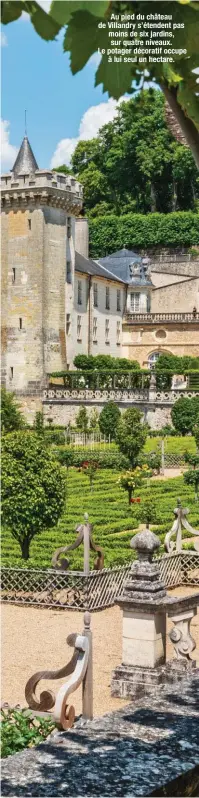  ??  ?? Au pied du château de Villandry s’étendent pas moins de six jardins, sur quatre niveaux. Le potager décoratif occupe à lui seul un hectare.