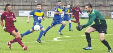  ?? Picture: Paul Amos FM4253266 ?? Canterbury City debutant Dean Grant has an effort on goal during Saturday’s game against Hollands & Blair at Homelands