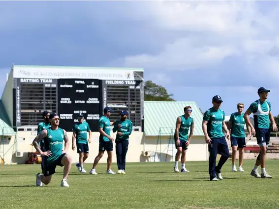  ??  ?? England's players warm up during a nets session at Warner Park on February 23, 2017 (Getty)