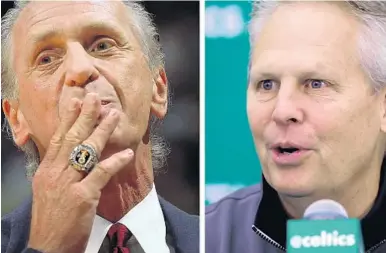  ?? STAFF FILE PHOTOS ?? Pat Riley and Danny Ainge have had an on-and-off rivalry dating back the 1980s, when Riley coached the Lakers and Ainge played for the Celtics. The Heat president is on the outside looking in as Boston begins its Eastern Conference series against...