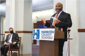  ?? STAFF PHOTO BY WYATT MASSEY ?? Bryan Johnson, superinten­dent of Hamilton County Schools, speaks about the district’s reopening plan during a news conference at Chattanoog­a School for the Arts & Sciences on Monday.