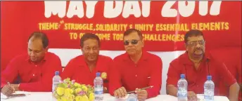  ?? (Photo by Bebi Oosman) ?? From left: Member of Parliament Adrian Anamayah, Guyana Agricultur­al and General Workers Union General Secretary Seepaul Narine, Member of Parliament Vishwa Mahadeo and Region Six Chairman David Armogan at yesterday’s May day rally