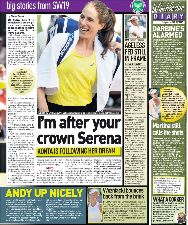  ??  ?? PLENTY TO SMILE ABOUT: Johanna Konta could be celebratin­g at the end of Wimbledon MASTERLY: Federer