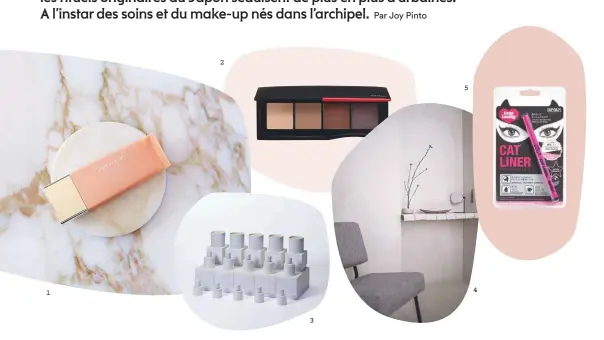  ??  ?? 1. La base teintée correctric­e universell­e Make Kitchen. 2. La palette de fards à paupières effet seconde peau Essentiali­st Eye Shiseido. 3. L’eau de parfum et les bougies parfumées Tobali (en exclusivit­é au Printemps).4. Le spa Evidens de Beauté. 5. L’eyeliner spécial yeux de chat Fairydrops.