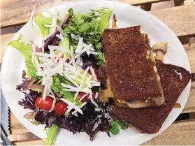  ?? HEATHER HUNTER/FOR THE JOURNAL ?? Savory grilled cheese is served with a side salad at Iconik Coffee Roasters in Santa Fe.