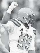  ??  ?? Browns defensive end Myles Garrett reacts after a stop against the Steelers.