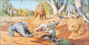  ??  ?? This handout image obtained from Monash University via Nature Communicat­ions shows an artist’s impression of a menagerie of megafauna that inhabited Australia some 45,000 years ago. — AFP photo