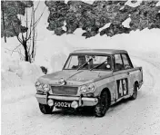  ??  ?? The Vitesse couldn’t match the Mini Cooper or Lotus Cortina on the rally stage. Here, Mike Sutcliffe heads for 76th on the ’63 Rallye Monte-carlo – Vic Elford was 24th