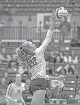  ?? GREG DAVIS/ Special to The Saline Courier ?? Benton junior Hannah Brewer spikes a ball in a
3-0 loss to Jonesboro in the 5A state title game Saturday at Bank OZK Arena in Hot Springs Saturday. Brewer led the Lady Panthers with 12 kills in the championsh­ip game defeat. Benton finishes with a 25-4 record overall.