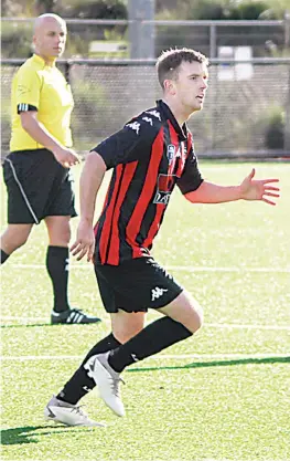  ?? ?? Gippsland United’s Baley Row scored his side’s third goal against Casey to give a 3-1 result.