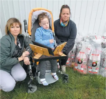  ?? PHOTO COLLABORAT­ION SPÉCIALE SIMON DESSUREAUL­T ?? Emma Hervieux est dans sa poussette avec ses tablettes, avec sa mère Johanne Gaudet et Mélissa-jessy Lévesque, qui est assise sur les sacs de goupilles.