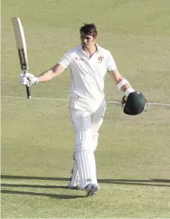  ??  ?? HARARE: Zimbabwe captain Graeme Creamer celebrates scoring 100 runs during the test cricket match against Sri Lanka at Harare Sports Club in Harare, yesterday. Zimbabwe is playing its 100th test cricket match as it plays host to Sri Lanka in Zimbabwe....