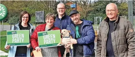  ?? ?? ● Bec Hutton-Riedijk, Lyndsay McAteer, Iain Ferguson, Gary Cargill and David Heath campaignin­g locally for the Greens