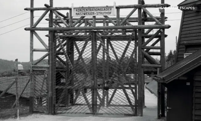  ??  ?? ABOVE: Entrance to the Natzweiler concentrat­ion camp, in the Vosges, where two of Fiddick’s crewmates, pilot Harold Sherman Peabody and navigator James Harrington Doe, were believed to have been taken and murdered after their capture