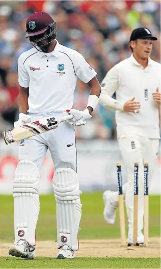  ?? Picture: REUTERS ?? REAL FLOPS: West Indies’ Roston Chase looks dejected after he was bowled by England’s James Anderson. Concerns have been raised about the performanc­e of the side in recent years