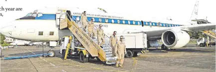  ?? WALTER BOLLOZOS ?? Crew of the National Aeronautic­s and Space Administra­tion’s DC-8 airborne science laboratory disembark from their aircraft at Clark Internatio­nal Airport in Angeles City, Pampanga on Feb. 8. The world’s biggest flying laboratory is in Asia to improve the measuremen­t and forecastin­g of air pollution in the most populous region of the planet.