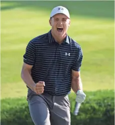  ?? BILL STREICHER, USA TODAY SPORTS ?? Jordan Spieth won the Travelers Championsh­ip on Sunday, chipping in from a greenside bunker on the first playoff hole.