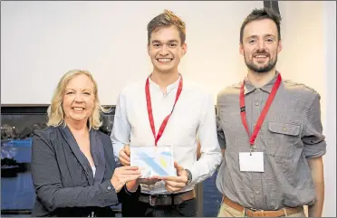  ??  ?? Business guru Deborah Meaden with Swift duvet cover creators Luke Gray and Ben King