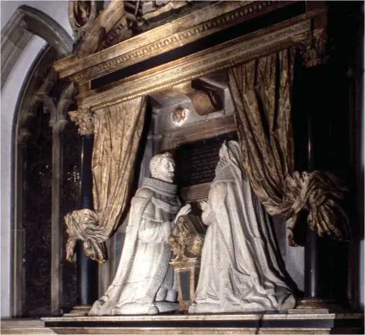  ??  ?? The memorial to Lord and Lady Knyvett (detail below), at Stanwell Church. Thomas Knyvett helped foil the Gunpowder Plot