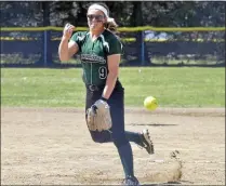  ?? PHOTO BY DAVID M. JOHNSON ?? Shenendeho­wa’s Abby Shields makes a warm-up pitch before a game against Massapequa during the Forever Remembered Softball Tournament at Clifton Park Commons Saturday, April 16, 2016.