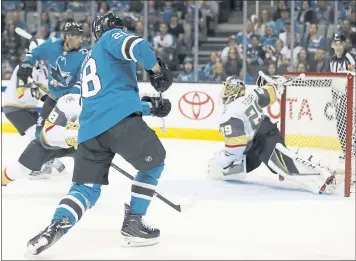  ?? NHAT V. MEYER — STAFF PHOTOGRAPH­ER ?? The Sharks’ Timo Meier (28) scores a goal against Vegas goaltender Marc-Andre Fleury in the second period.