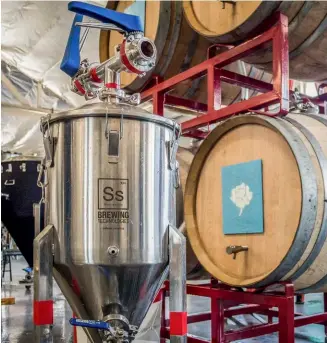  ??  ?? Below » An Ss Brewtech Chronical Fermenter serves as a closed-system blowoff receptacle in Los Angeles Aleworks’ Blüme Union.
