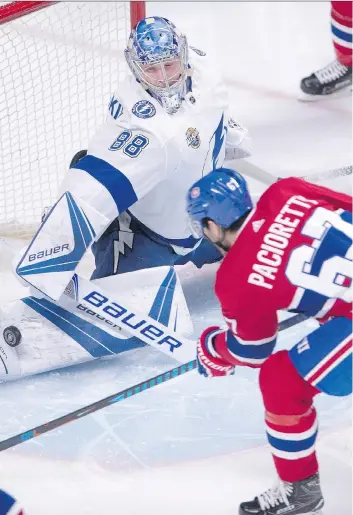  ?? RYAN REMIORZ/THE CANADIAN PRESS ?? The inability of Montreal Canadiens captain Max Pacioretty, seen being denied by Tampa Bay Lightning goaltender Andrei Vasilevski­y, to mesh with Jonathan Drouin is being cited as one of the reasons behind the Canadiens’ poor first half that has left...