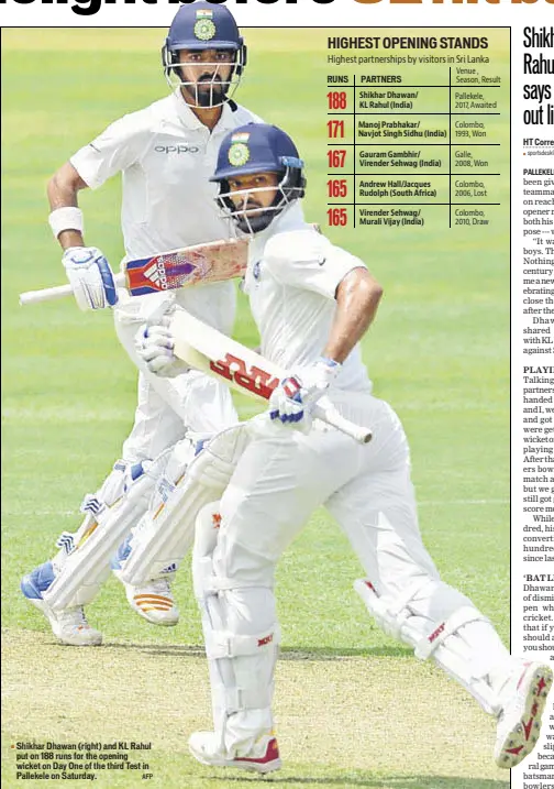  ?? AFP ?? Shikhar Dhawan (right) and KL Rahul put on 188 runs for the opening wicket on Day One of the third Test in Pallekele on Saturday.