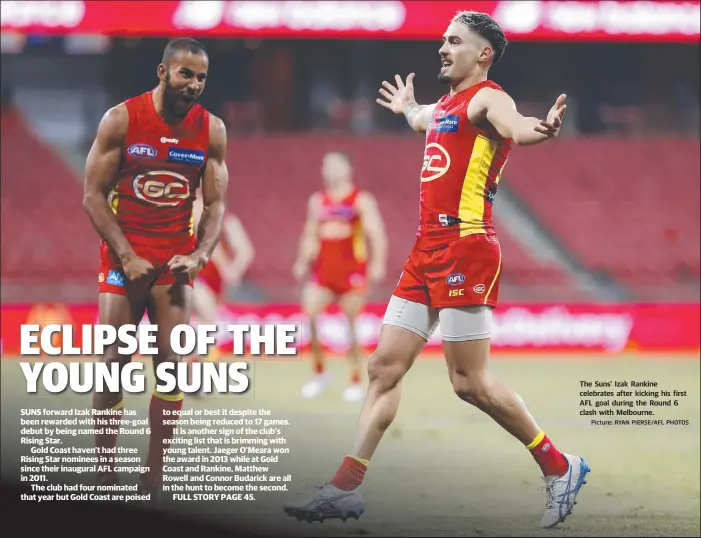  ?? Picture: RYAN PIERSE/AFL PHOTOS ?? The Suns’ Izak Rankine celebrates after kicking his first AFL goal during the Round 6 clash with Melbourne.